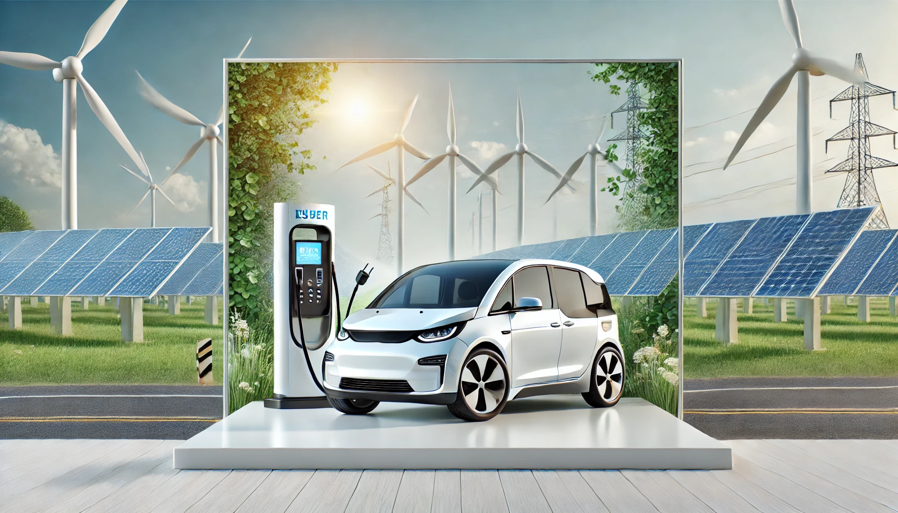 DALL·E 2025-02-26 16.17.00 - A modern website banner featuring a renewable energy station with solar panels, wind turbines, and an EV charging station. The wide-format image showc