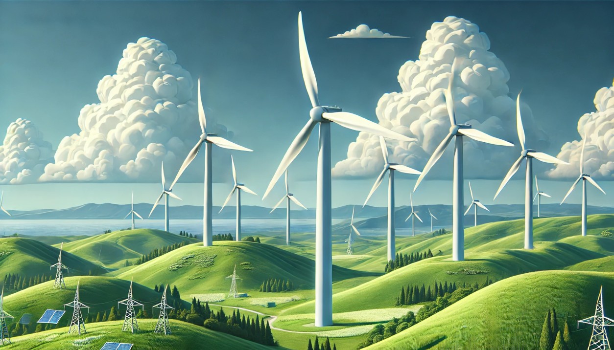 DALL·E 2025-02-27 11.58.49 - A scenic wind power installation featuring several large white wind turbines on a green hillside under a bright blue sky with fluffy clouds. The turbi (1)