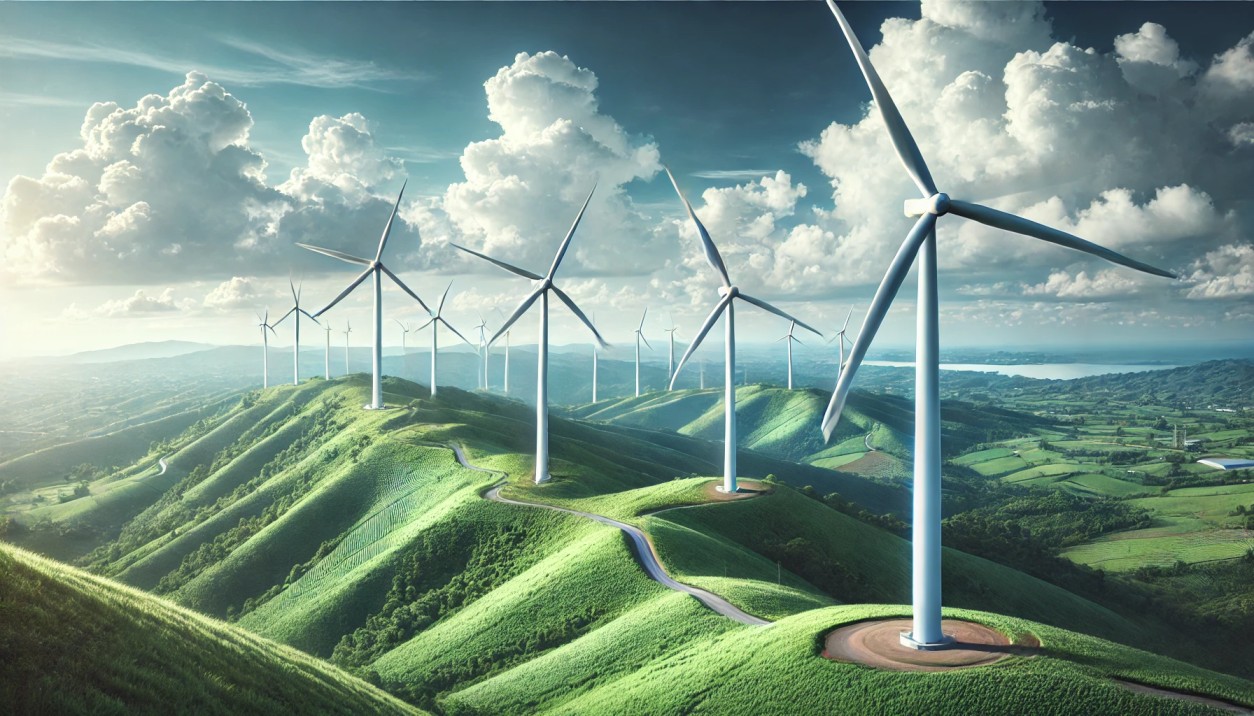 DALL·E 2025-02-27 11.59.01 - A scenic wind power installation featuring several large white wind turbines on a green hillside under a bright blue sky with fluffy clouds. The turbi (1)