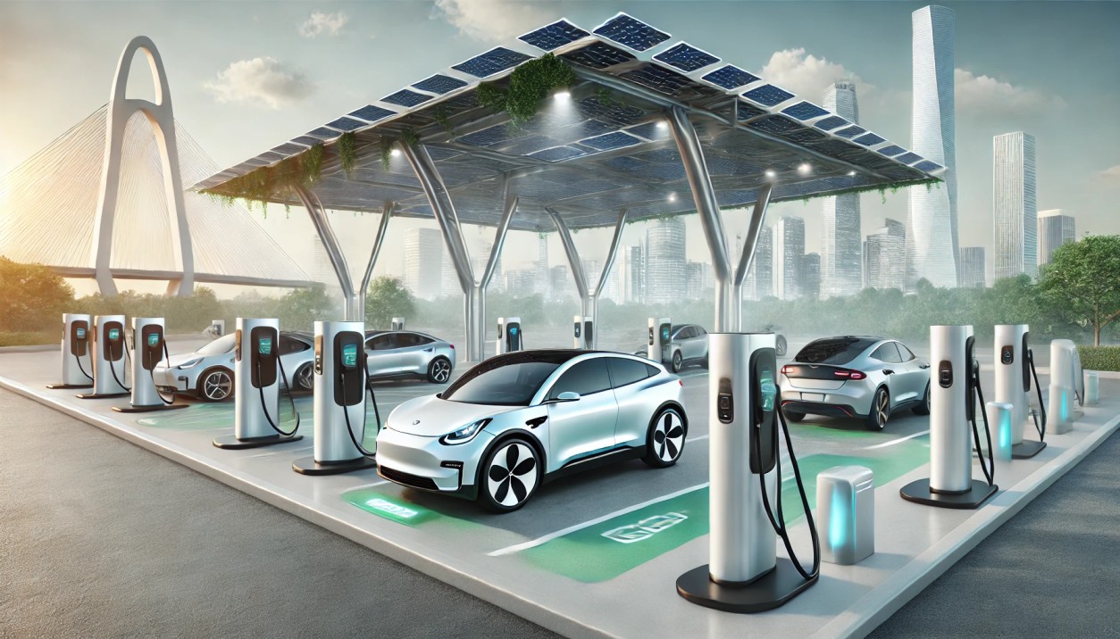 DALL·E 2025-02-27 12.03.01 - A modern electric vehicle (EV) charging station with multiple sleek charging units under a futuristic canopy. Several electric cars are parked and cha (1)