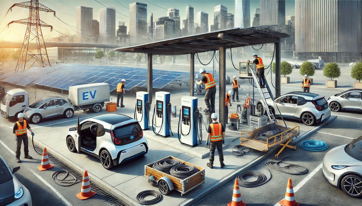 DALL·E 2025-02-27 12.06.13 - A realistic electric vehicle (EV) charging station under construction, with workers installing charging units and setting up infrastructure. The scene (1)